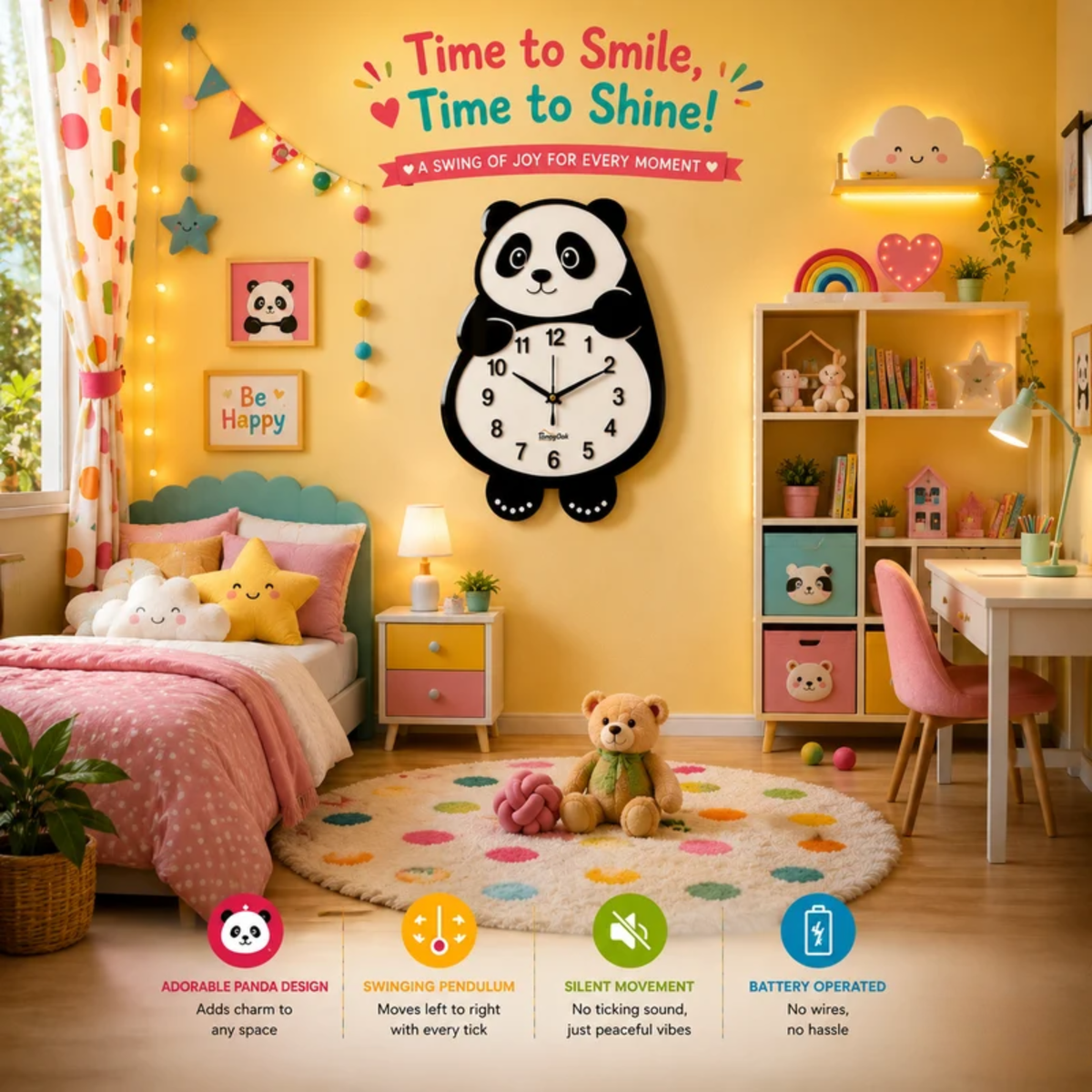 Cute Face Panda -- Pendulum Wall Clock